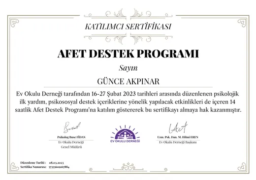 Afet Destek Programı sertifikası