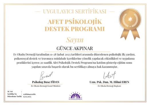 Afet Psikolojik Destek Programı sertifikası