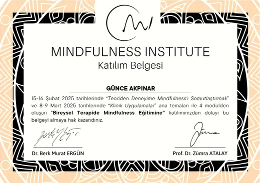 Bireysel Terapide Mindfulness Eğitimi sertifikası