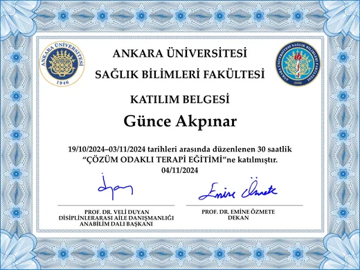 Çözüm Odaklı Terapi Eğitimi sertifikası