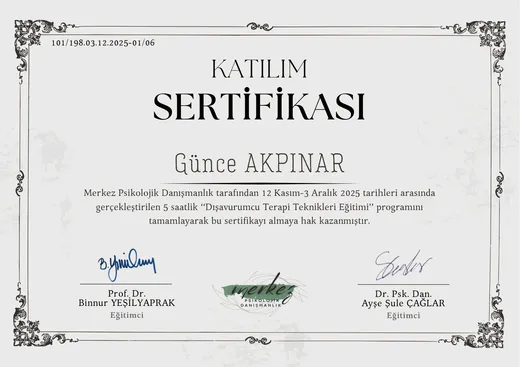 Dışavurumcu Terapi Teknikleri Eğitimi sertifikası