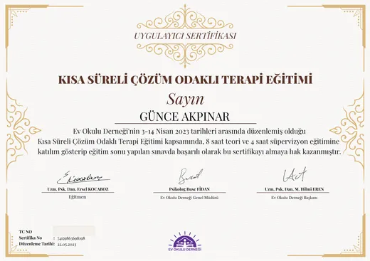 Kısa Süreli Çözüm Odaklı Terapi Eğitimi sertifikası