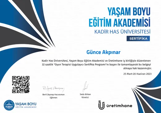 Oyun Terapisi Uygulayıcı Sertifika Programı sertifikası